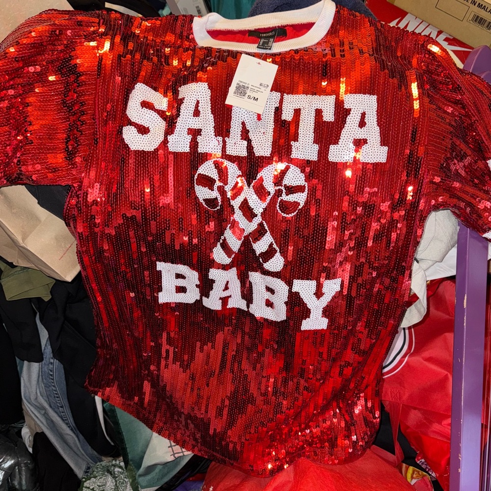 Forever 21 Red Sequin Holiday Top SANTA BABY CANDY CANE